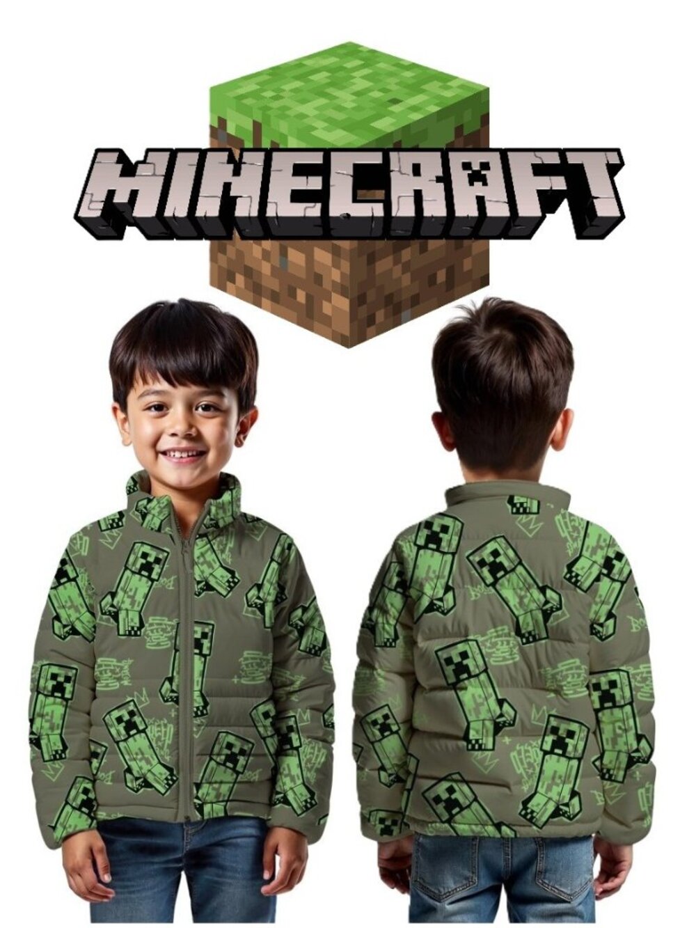 NEW Minecraft Boys Creeper Zip Puffer Jacket Lightweight Size 14 Zippered Size:
